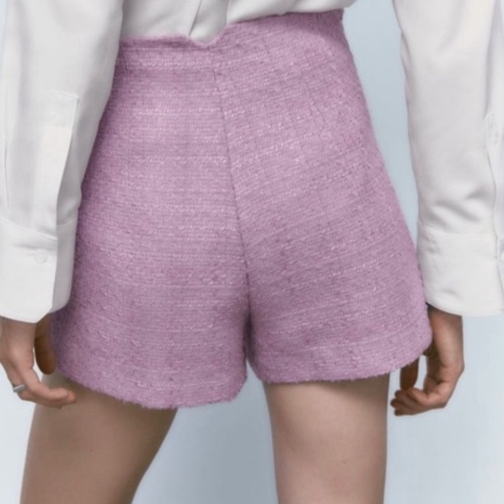 Zara Lilac Purple Tweed Textured High Waisted Bermuda Shorts gold button Size L - Picture 3 of 14